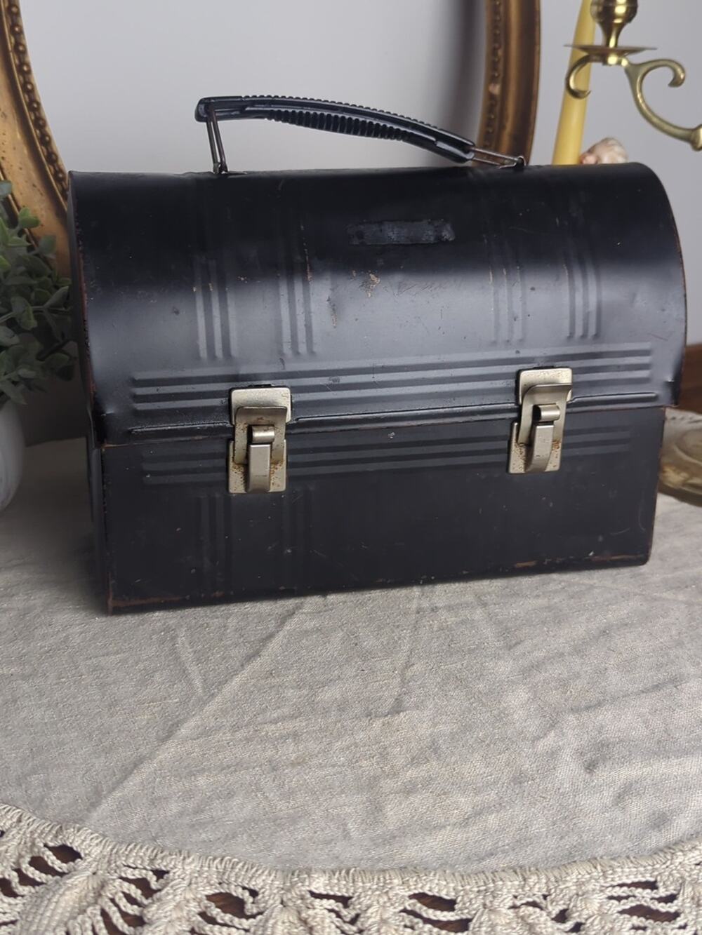 Vintage Metal Lunch Pail Retro Aladdin Black Metal Lunch Box Mid Century